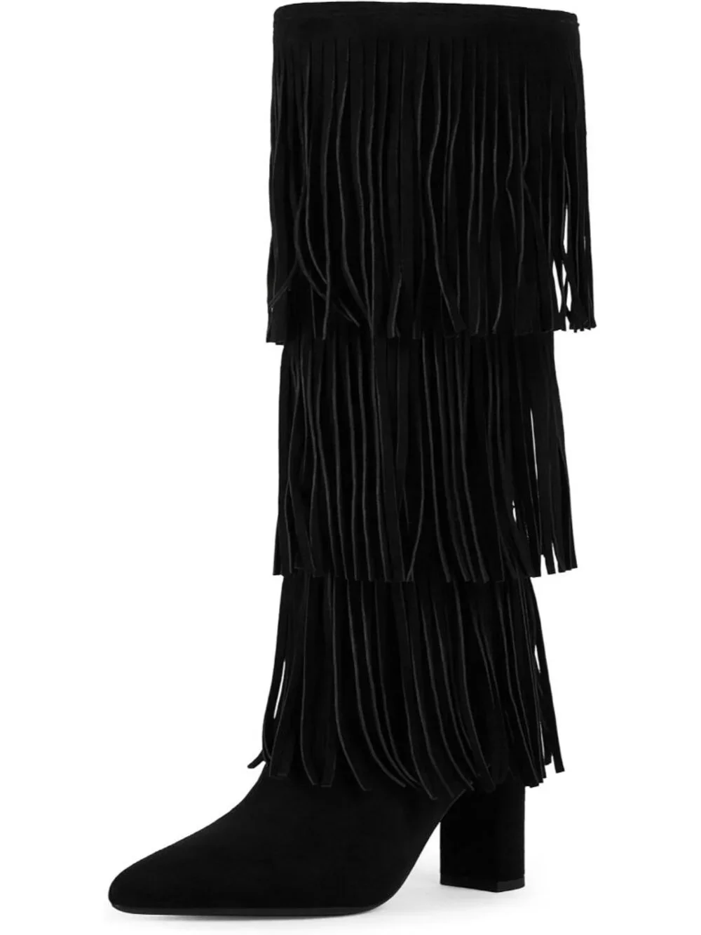 Women Black Fringe Pointed Toe Chunky Heel Faux Leather Over The Knee High Boots